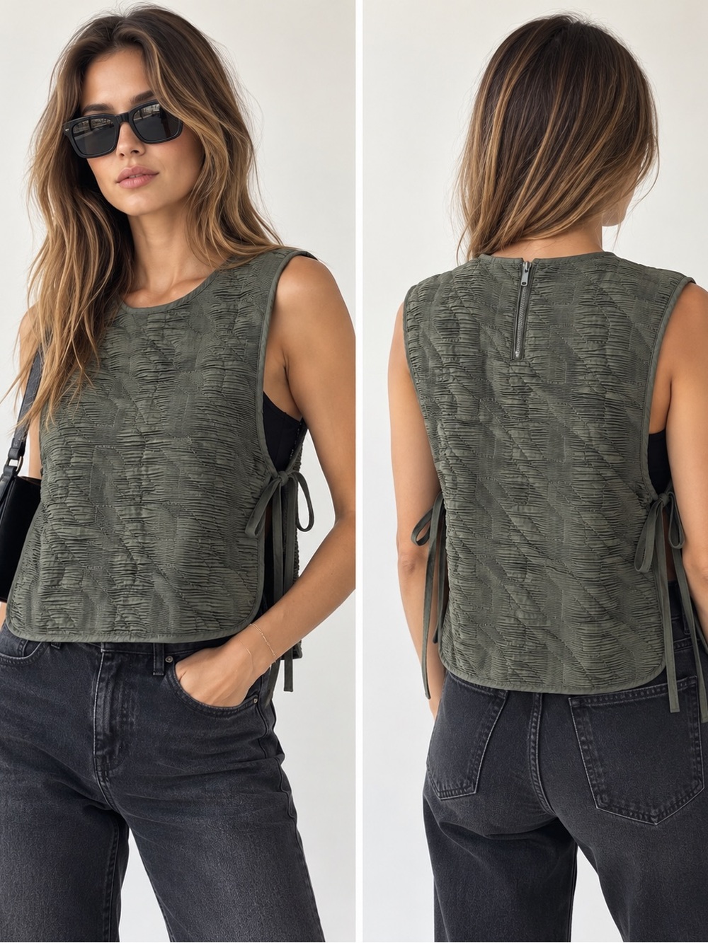 Olive Textured Side-Tie Knit Tank Vest Top